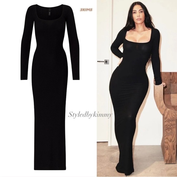 SKIMS SOFT LOUNGE LONG SLEEVE DRESS BLACK Onyx M NWT NEW - Picture 1 of 4